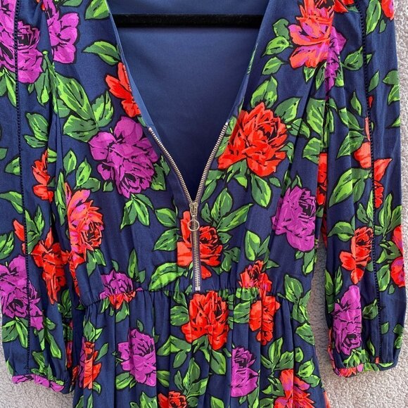 Zara Trafaluc Blue Floral Long Sleeve V Neck Zip Mini Dress Sz XS - Picture 7 of 10